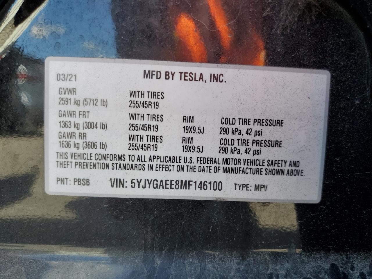 2021 Tesla Model Y VIN: 5YJYGAEE8MF146100 Lot: 70219045