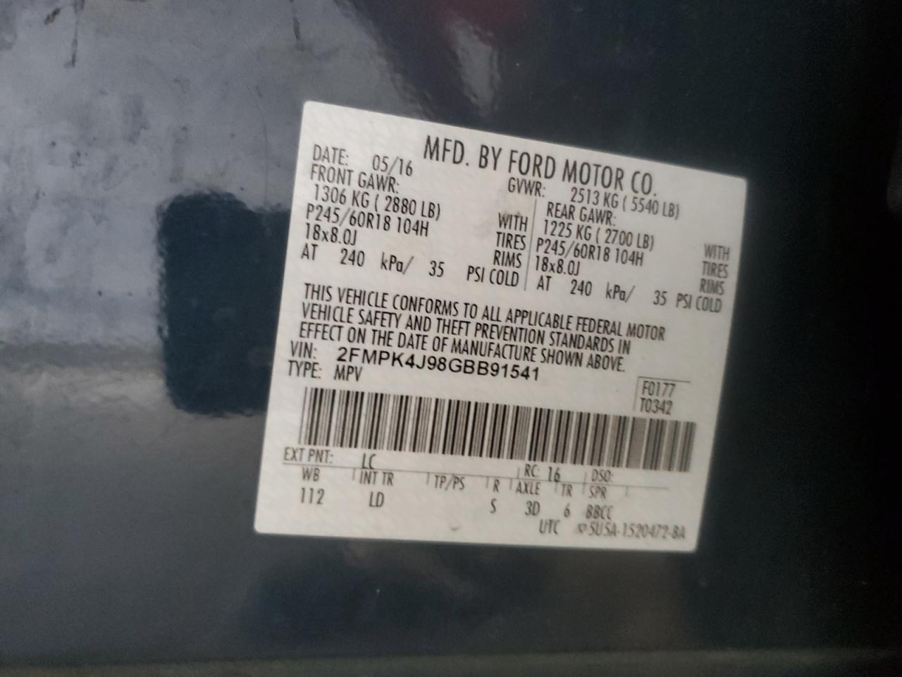 2016 Ford Edge Sel VIN: 2FMPK4J98GBB91541 Lot: 67924965