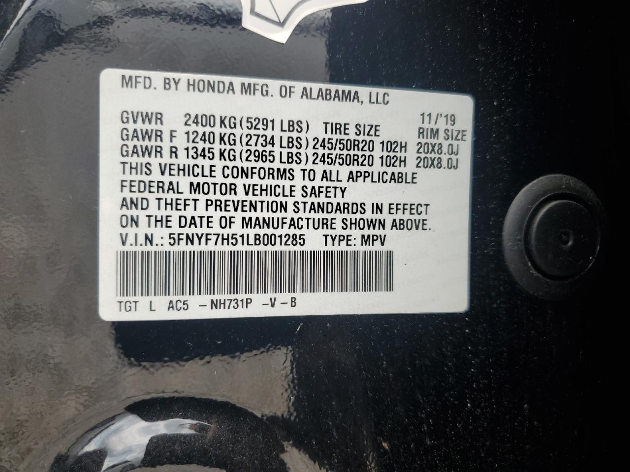 2020 Honda Passport Exl VIN: 5FNYF7H51LB001285 Lot: 68087805