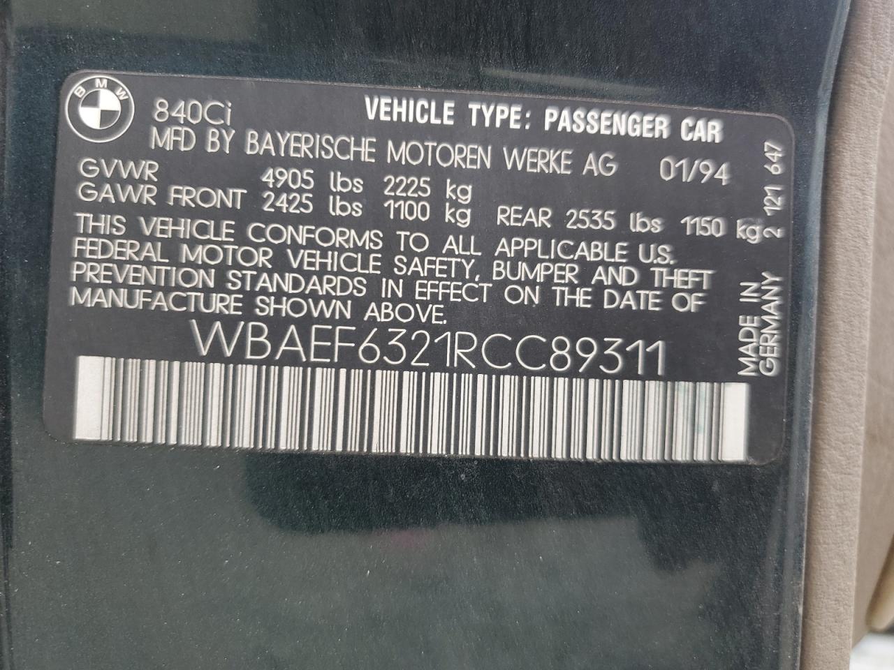 1994 BMW 840 Ci Automatic VIN: WBAEF6321RCC89311 Lot: 69754085