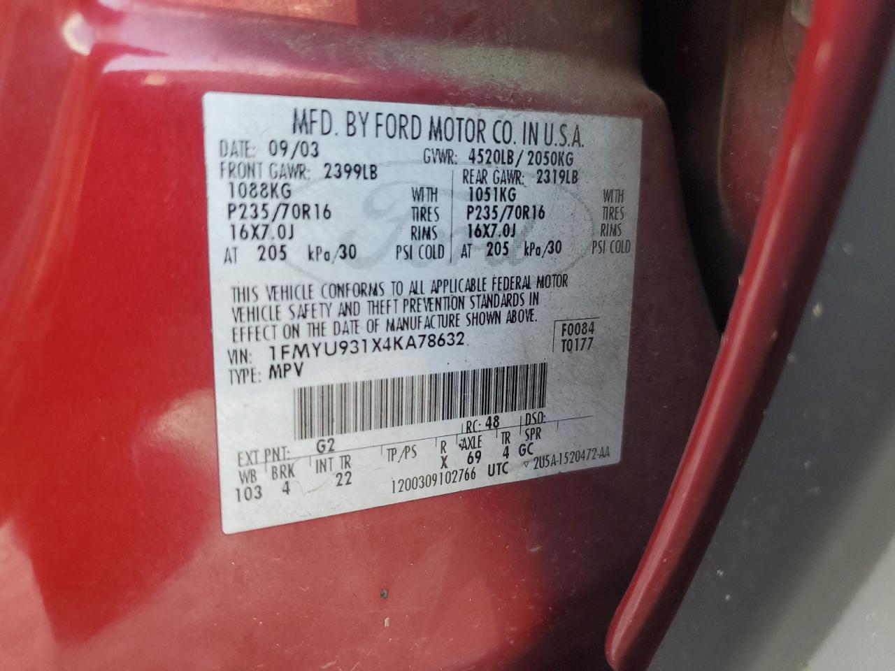 2004 Ford Escape Xlt VIN: 1FMYU931X4KA78632 Lot: 68737125