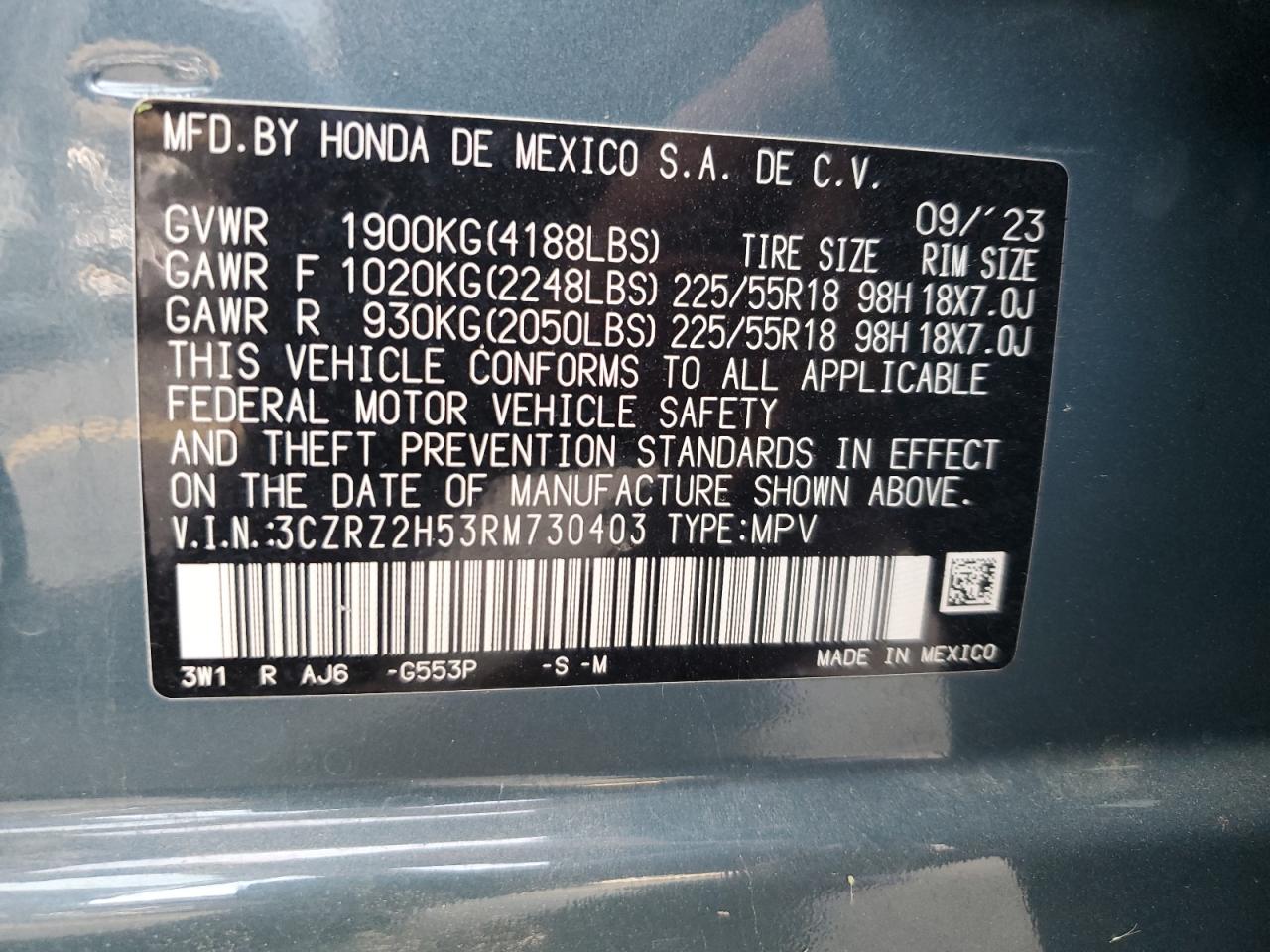 2024 Honda Hr-V Sport VIN: 3CZRZ2H53RM730403 Lot: 70324645