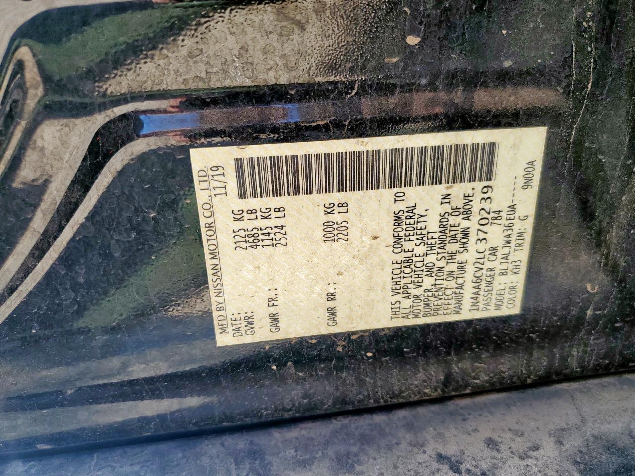 2020 Nissan Maxima Sv VIN: 1N4AA6CV2LC370239 Lot: 68957875