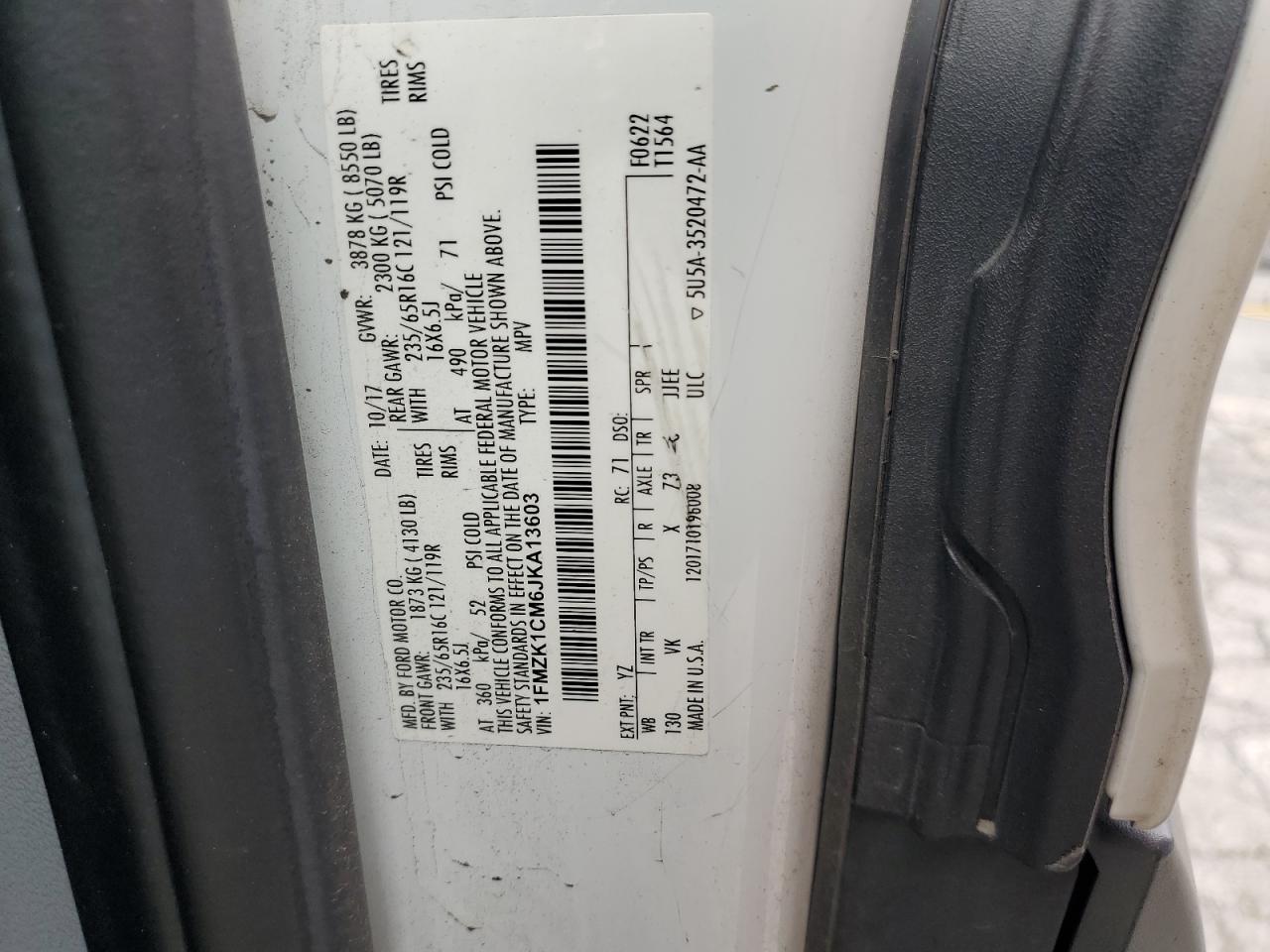2018 Ford Transit T-150 VIN: 1FMZK1CM6JKA13603 Lot: 68893225