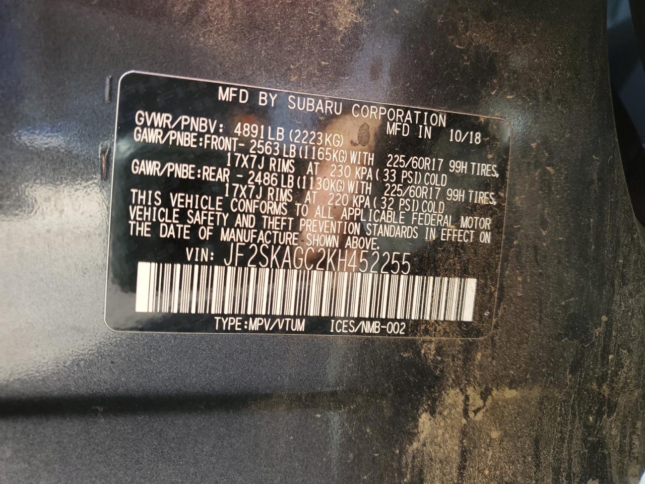 2019 Subaru Forester Premium VIN: JF2SKAGC2KH452255 Lot: 69866145