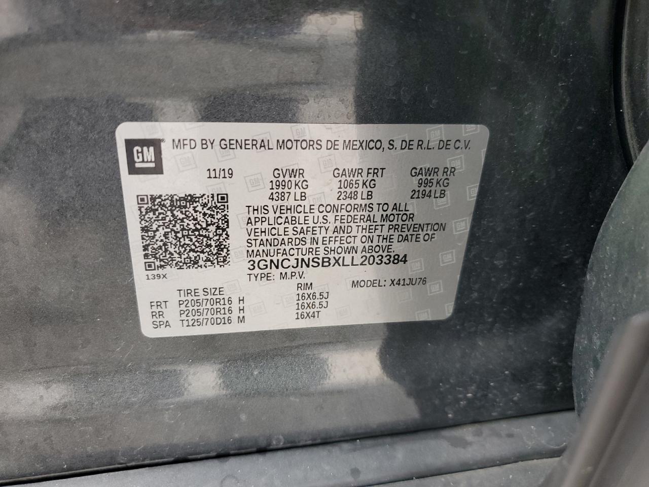 2020 Chevrolet Trax Ls VIN: 3GNCJNSBXLL203384 Lot: 68641305