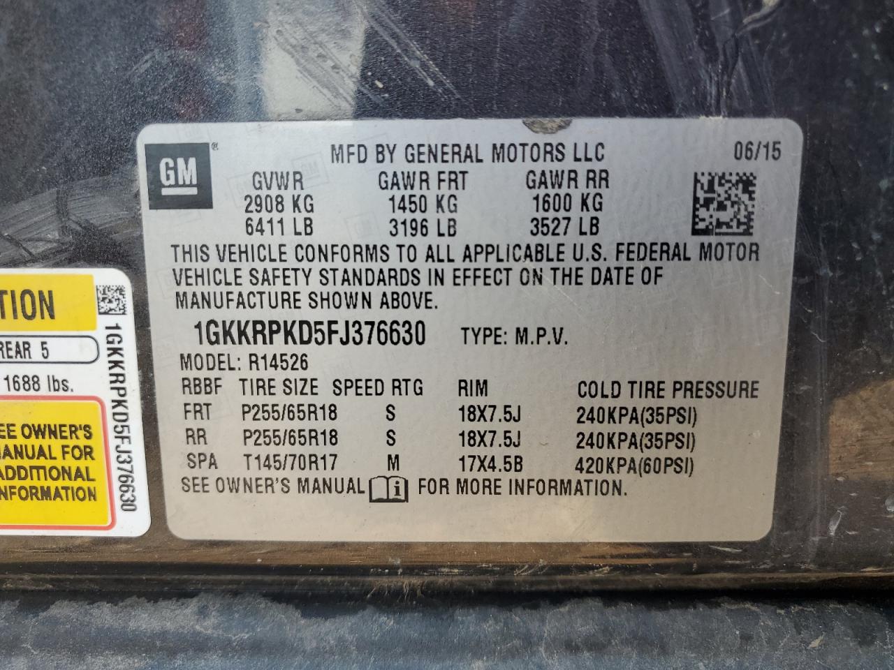2015 GMC Acadia Sle VIN: 1GKKRPKD5FJ376630 Lot: 68732045