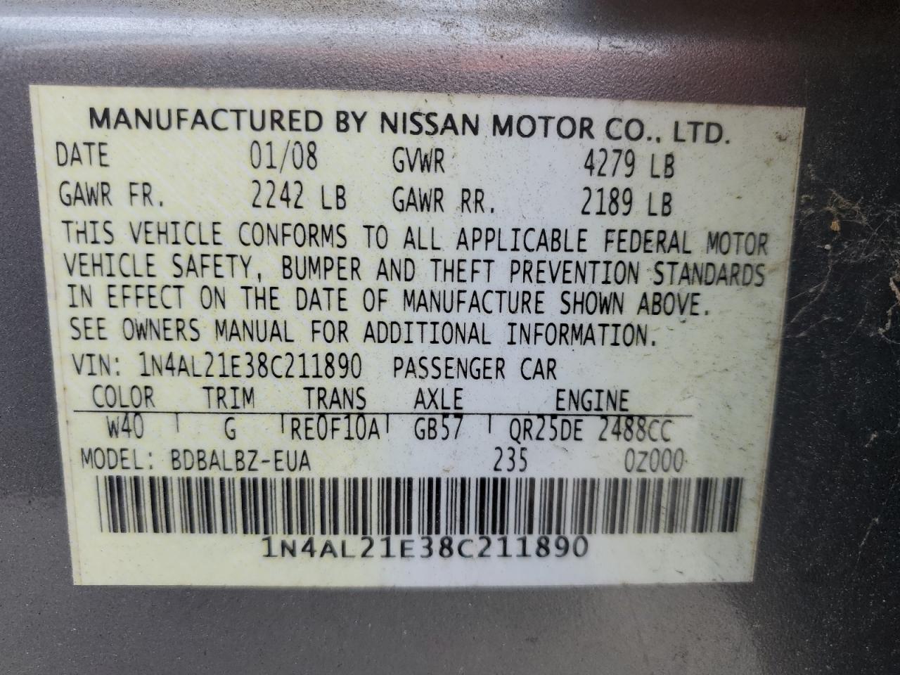 1N4AL21E38C211890 2008 Nissan Altima 2.5
