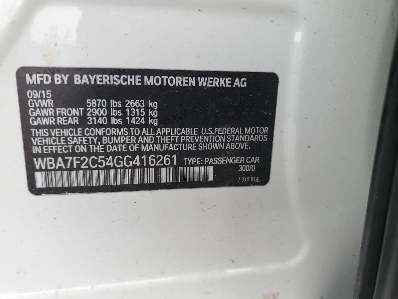 2016 BMW 750 Xi VIN: WBA7F2C54GG416261 Lot: 70702505