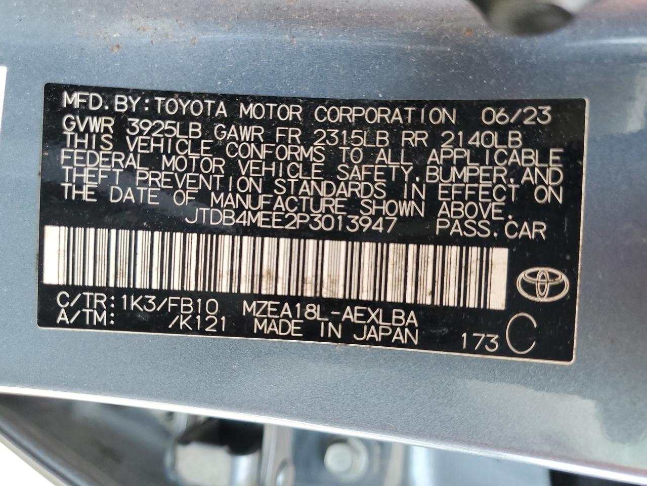 2023 Toyota Corolla Le VIN: JTDB4MEE2P3013947 Lot: 69562585