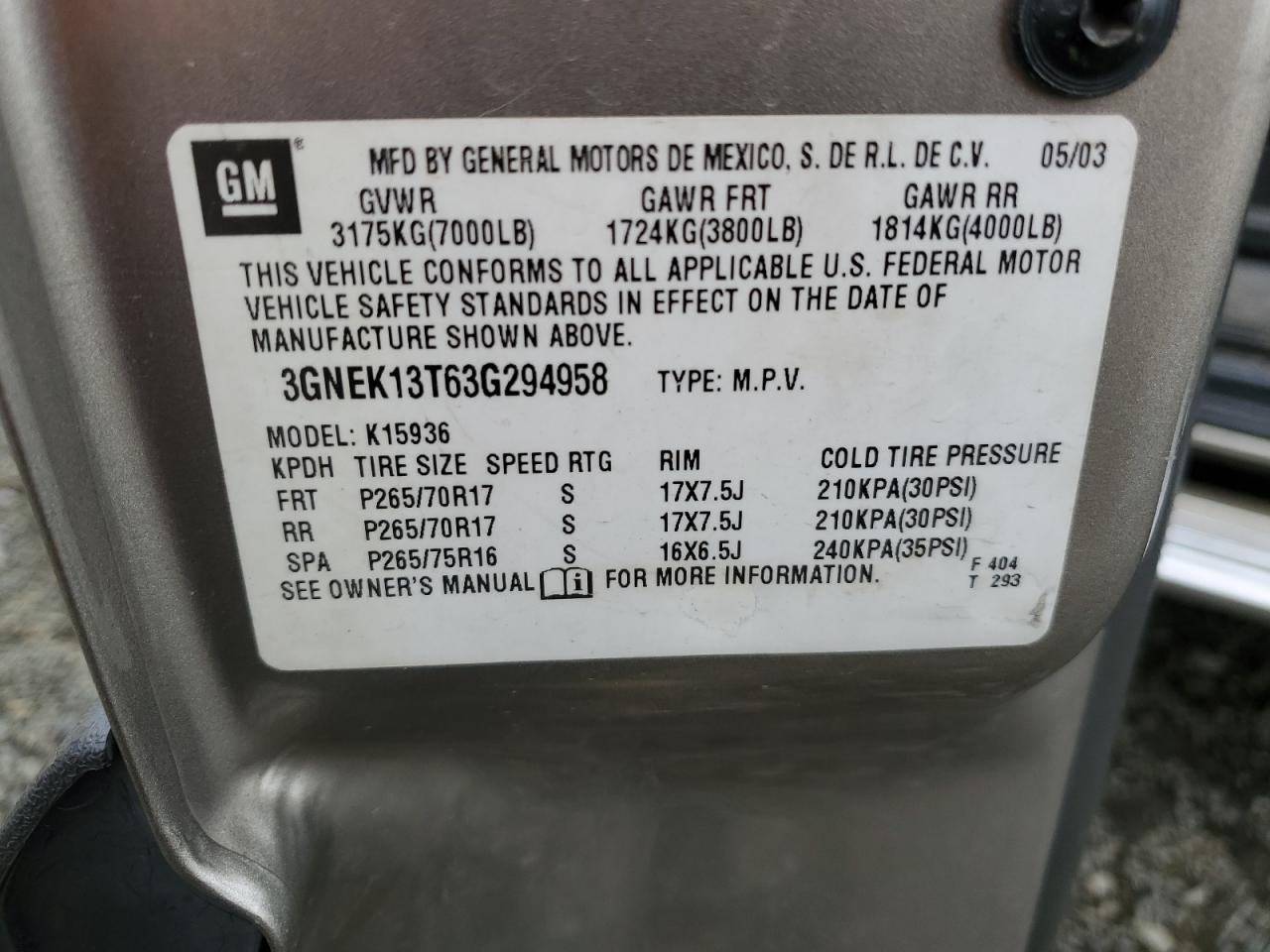 2003 Chevrolet Avalanche K1500 VIN: 3GNEK13T63G294958 Lot: 66919345