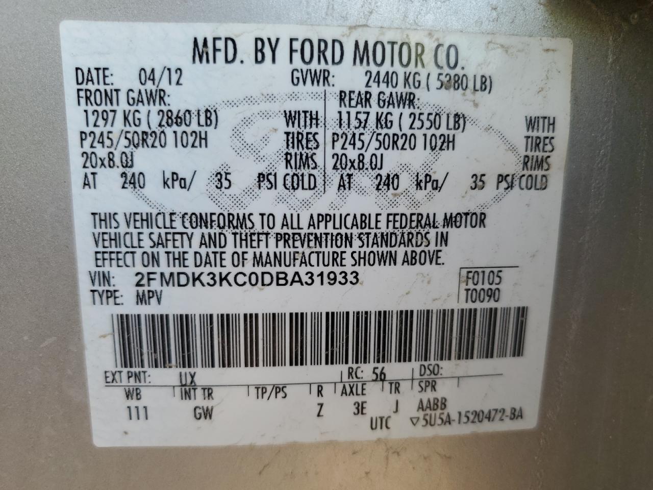 2013 Ford Edge Limited VIN: 2FMDK3KC0DBA31933 Lot: 68656645