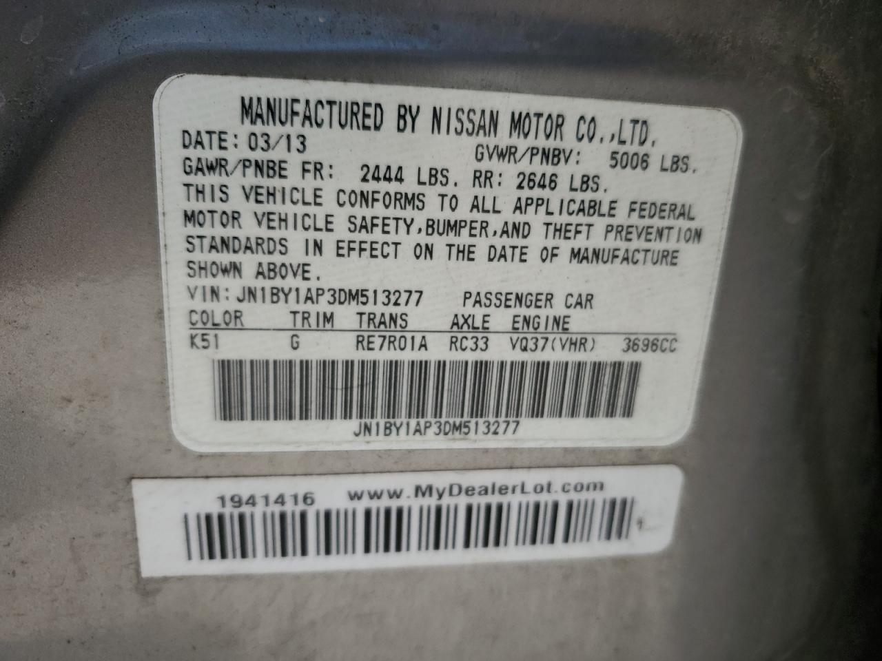 2013 Infiniti M37 VIN: JN1BY1AP3DM513277 Lot: 67471785