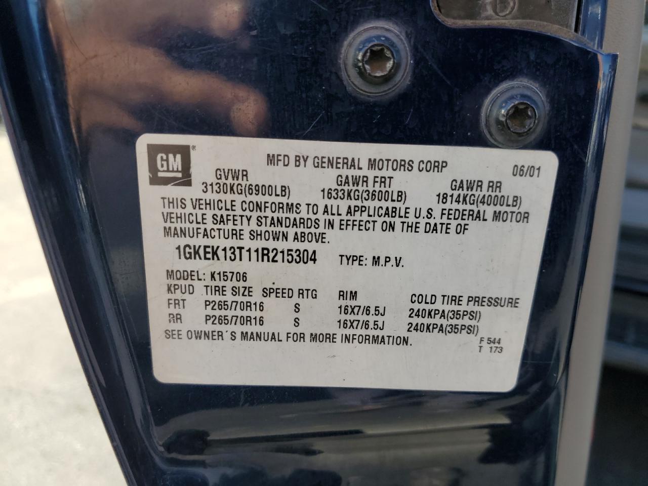 2001 GMC Yukon VIN: 1GKEK13T11R215304 Lot: 67283065
