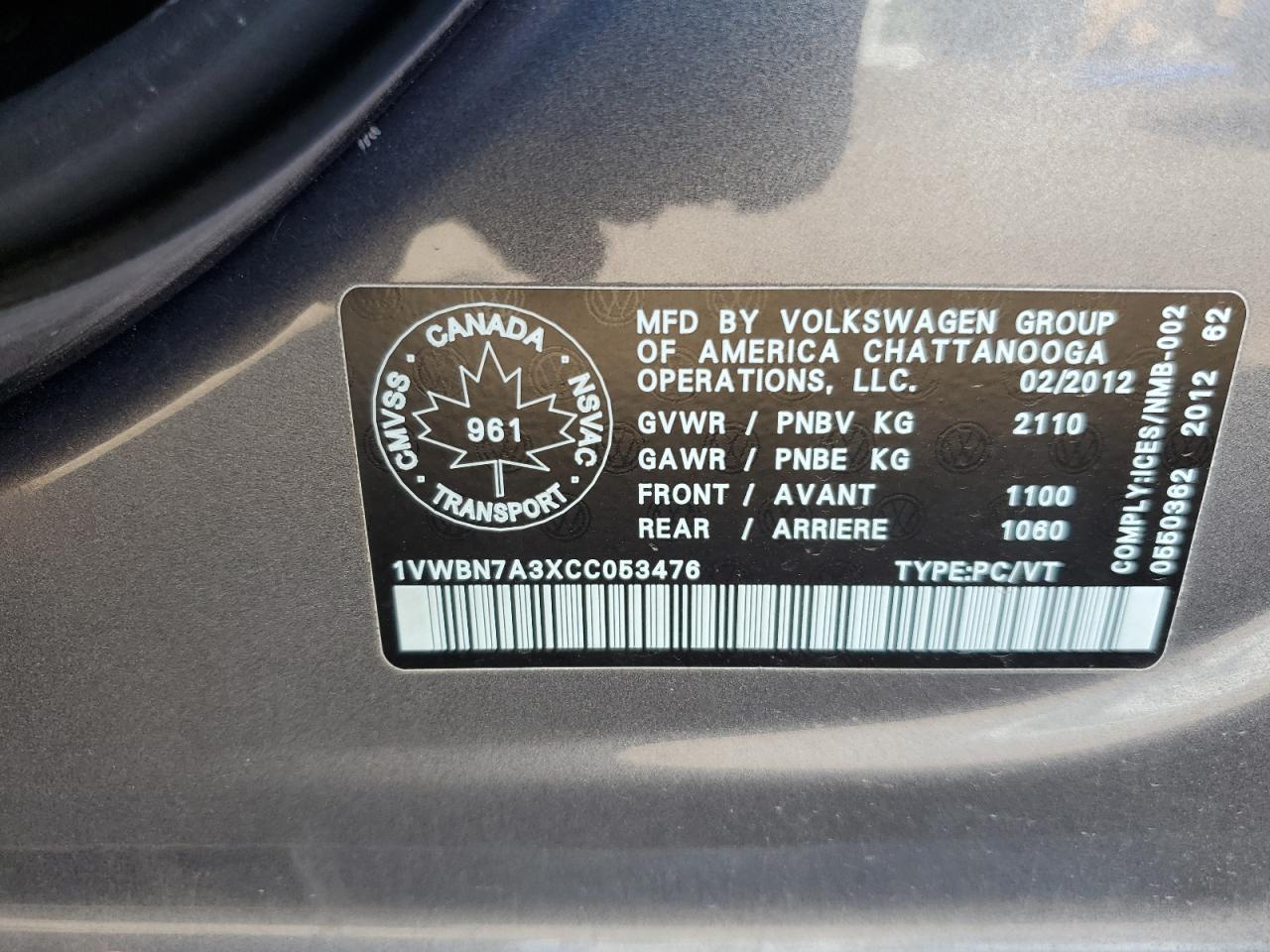 2012 Volkswagen Passat Se VIN: 1VWBN7A3XCC053476 Lot: 70174245