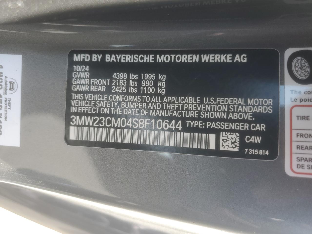 2025 BMW 230I VIN: 3MW23CM04S8F10644 Lot: 71113215