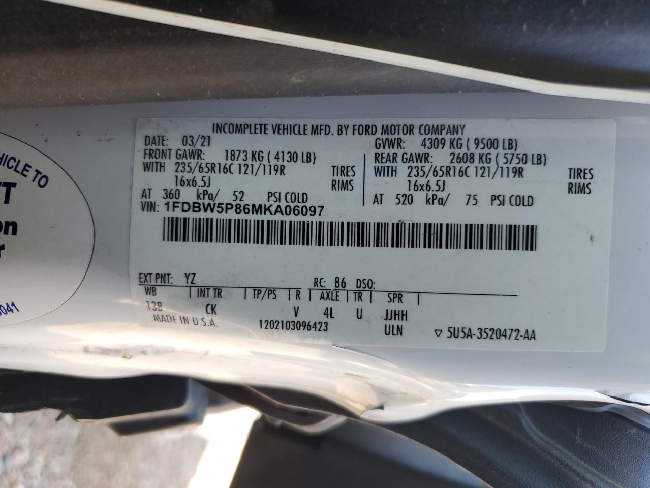 2021 Ford Transit T-350 VIN: 1FDBW5P86MKA06097 Lot: 70920625