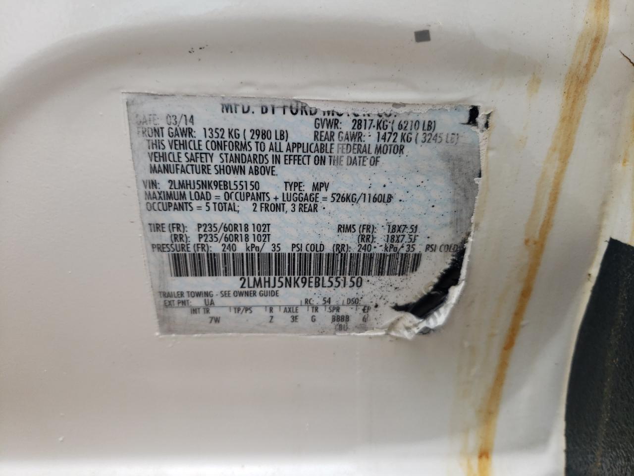 2014 Lincoln Mkt VIN: 2LMHJ5NK9EBL55150 Lot: 67016185