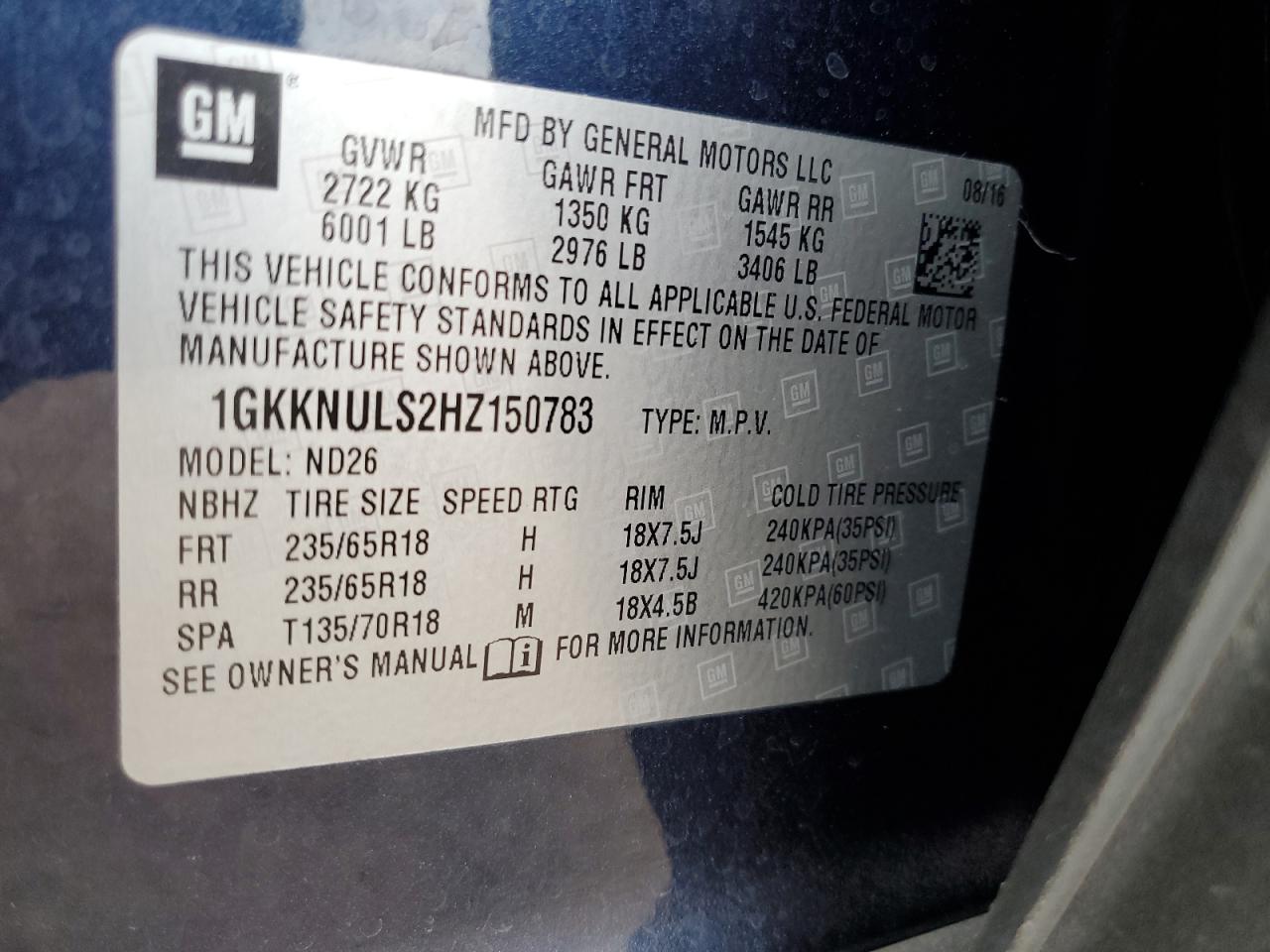 2017 GMC Acadia Slt-1 VIN: 1GKKNULS2HZ150783 Lot: 68039795