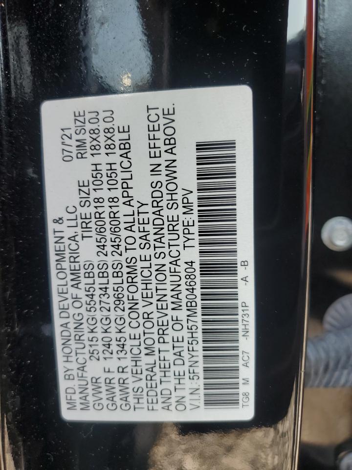 2021 Honda Pilot Exl VIN: 5FNYF5H57MB046804 Lot: 67971265
