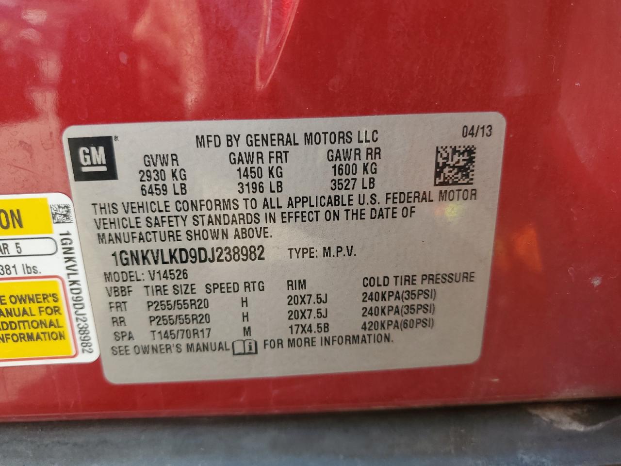 2013 Chevrolet Traverse Ltz VIN: 1GNKVLKD9DJ238982 Lot: 69685135