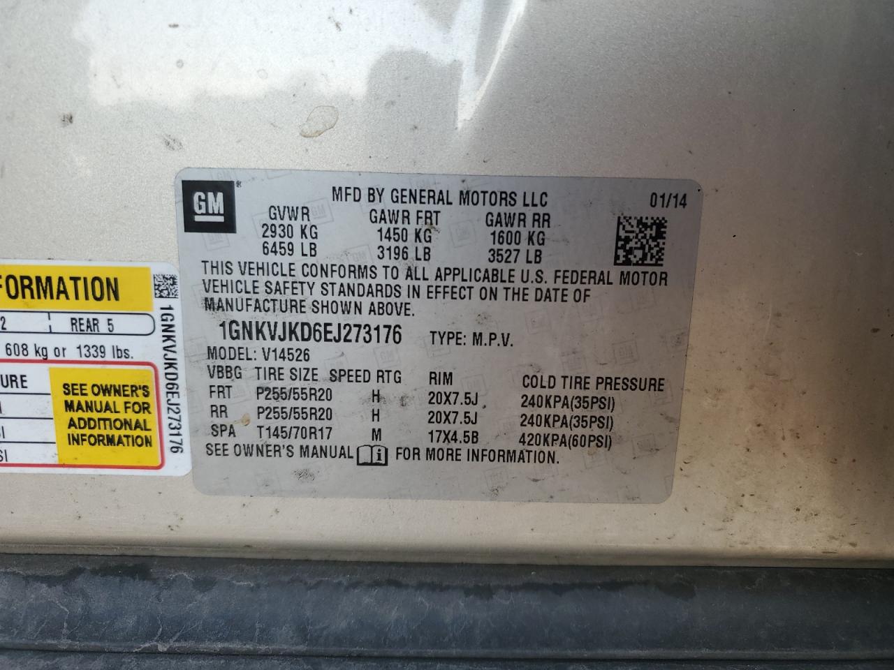 2014 Chevrolet Traverse Ltz VIN: 1GNKVJKD6EJ273176 Lot: 67433385