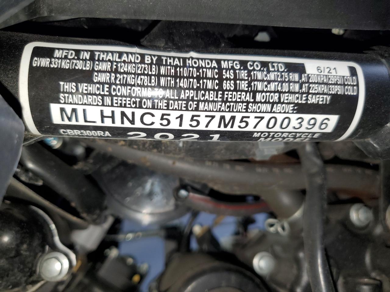 2021 Honda Cbr300 Ra VIN: MLHNC5157M5700396 Lot: 67567385