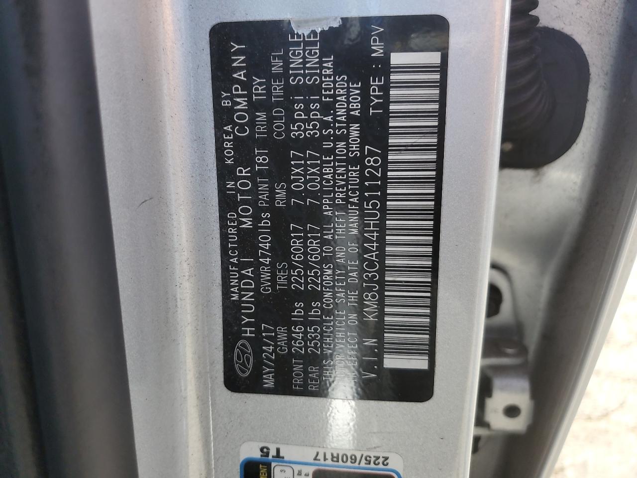 2017 Hyundai Tucson Limited VIN: KM8J3CA44HU511287 Lot: 67411915