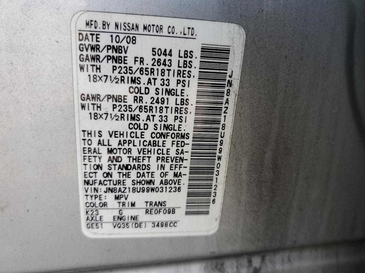 2009 Nissan Murano S VIN: JN8AZ18U99W031236 Lot: 69270315