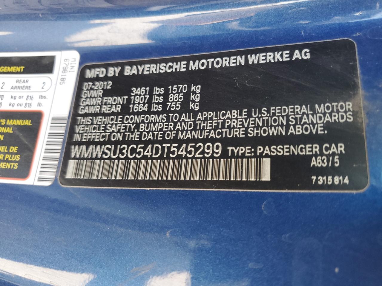 2013 Mini Cooper VIN: WMWSU3C54DT545299 Lot: 69033705