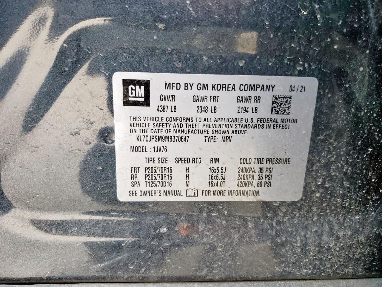 2021 Chevrolet Trax 1Lt VIN: KL7CJPSM9MB370647 Lot: 66549535