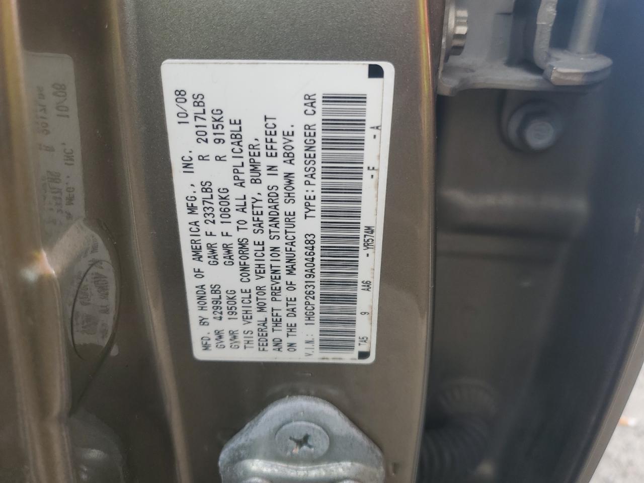 2009 Honda Accord Lx VIN: 1HGCP26319A046483 Lot: 67510125
