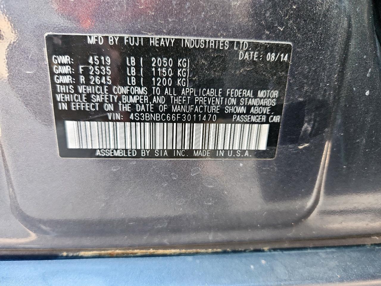 2015 Subaru Legacy 2.5I Premium VIN: 4S3BNBC66F3011470 Lot: 69584565