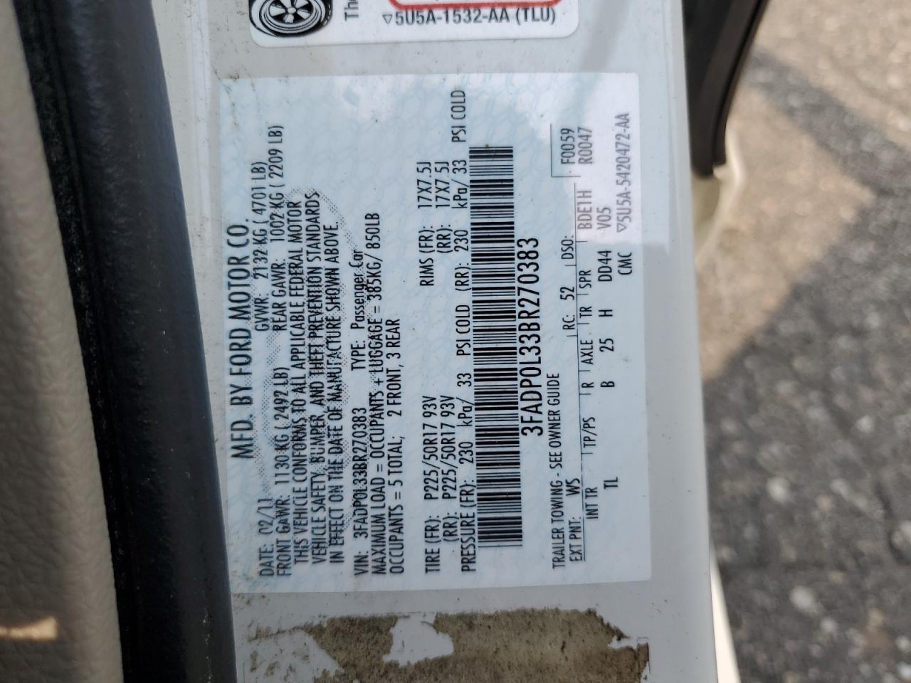 2011 Ford Fusion Hybrid VIN: 3FADP0L33BR270383 Lot: 61725545