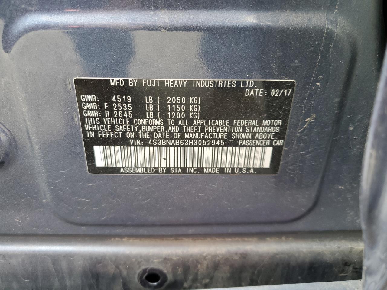 2017 Subaru Legacy 2.5I VIN: 4S3BNAB63H3052945 Lot: 67077495