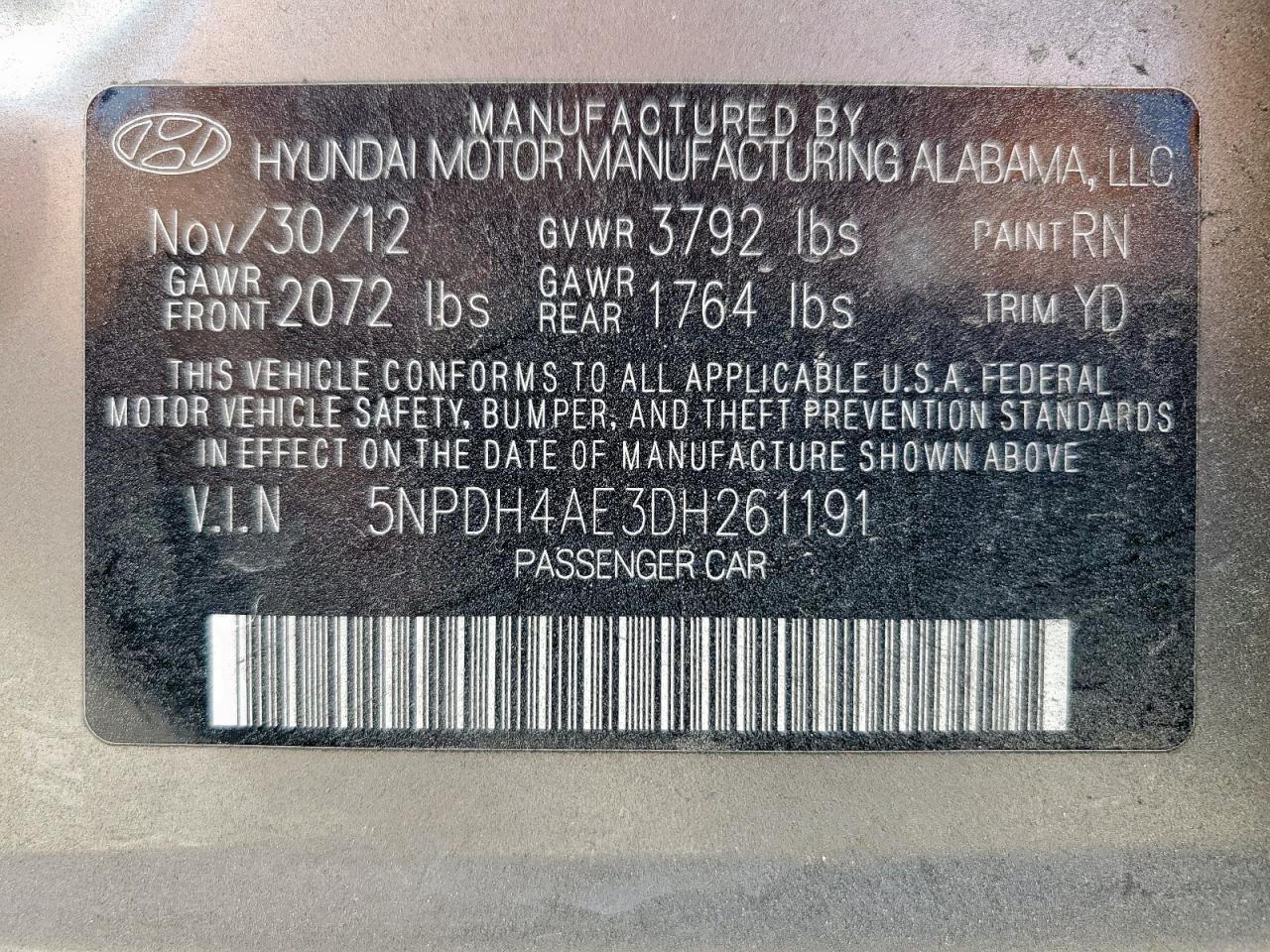 2013 Hyundai Elantra Gls VIN: 5NPDH4AE3DH261191 Lot: 67262855