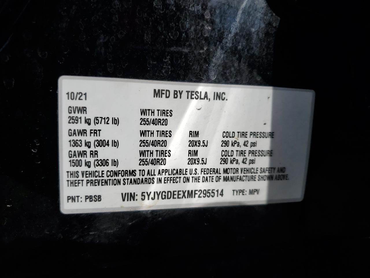 2021 Tesla Model Y VIN: 5YJYGDEEXMF295514 Lot: 68295645