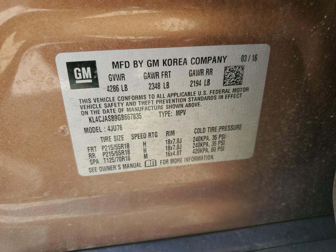 2016 Buick Encore VIN: KL4CJASB9GB667835 Lot: 68880505