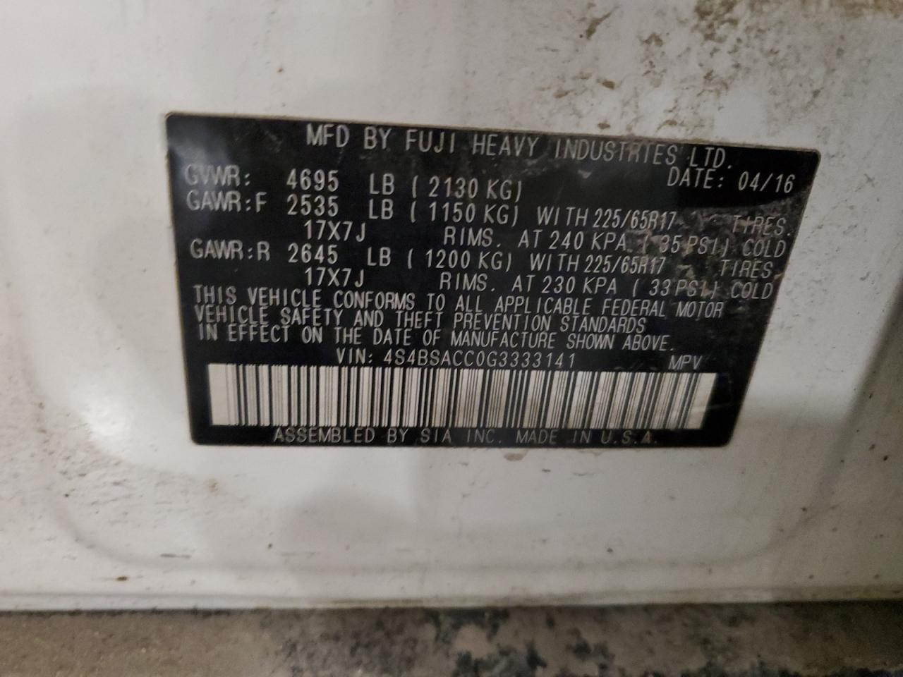 2016 Subaru Outback 2.5I Premium VIN: 4S4BSACC0G3333141 Lot: 67852655