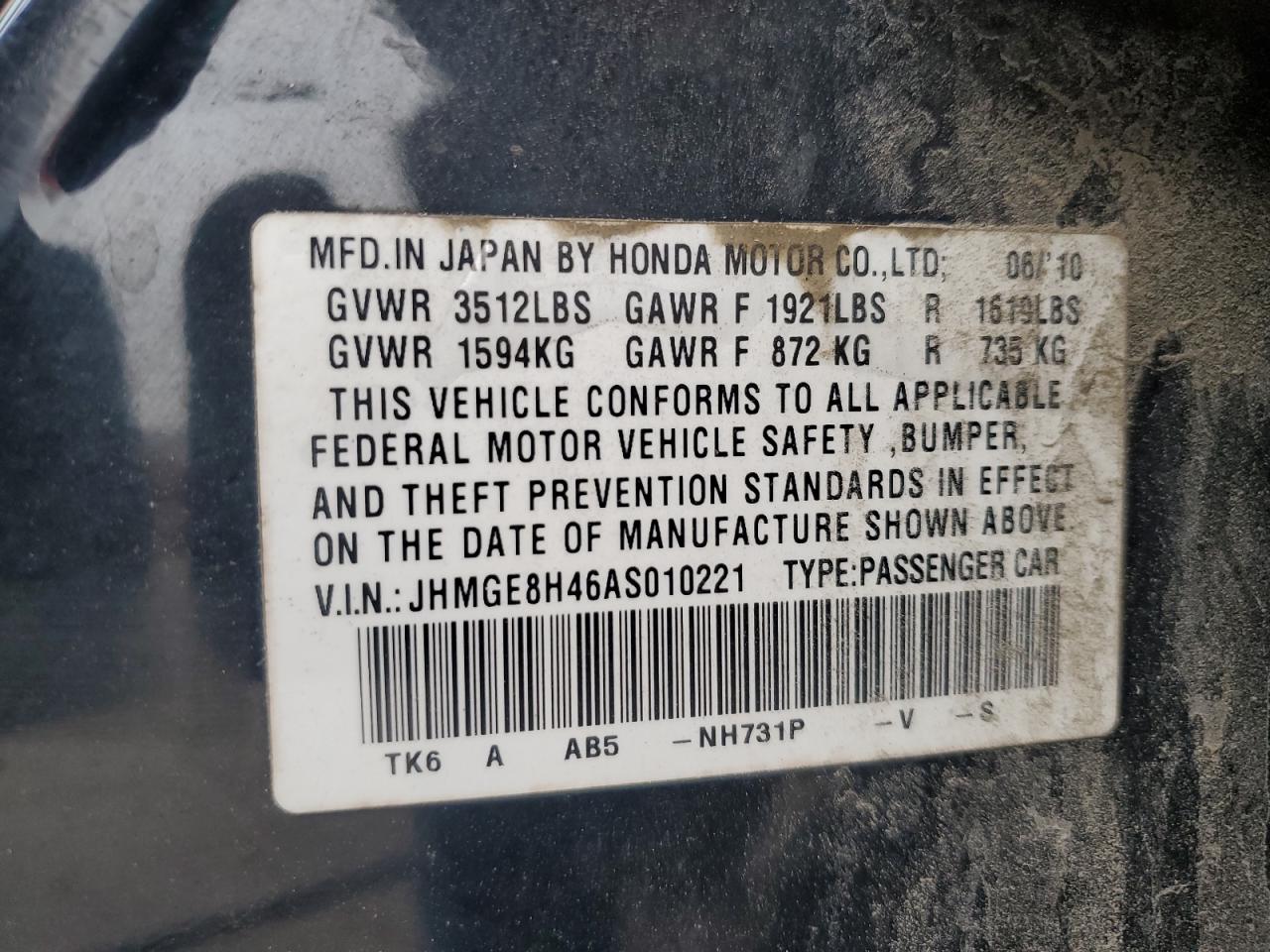 2010 Honda Fit Sport VIN: JHMGE8H46AS010221 Lot: 69570045