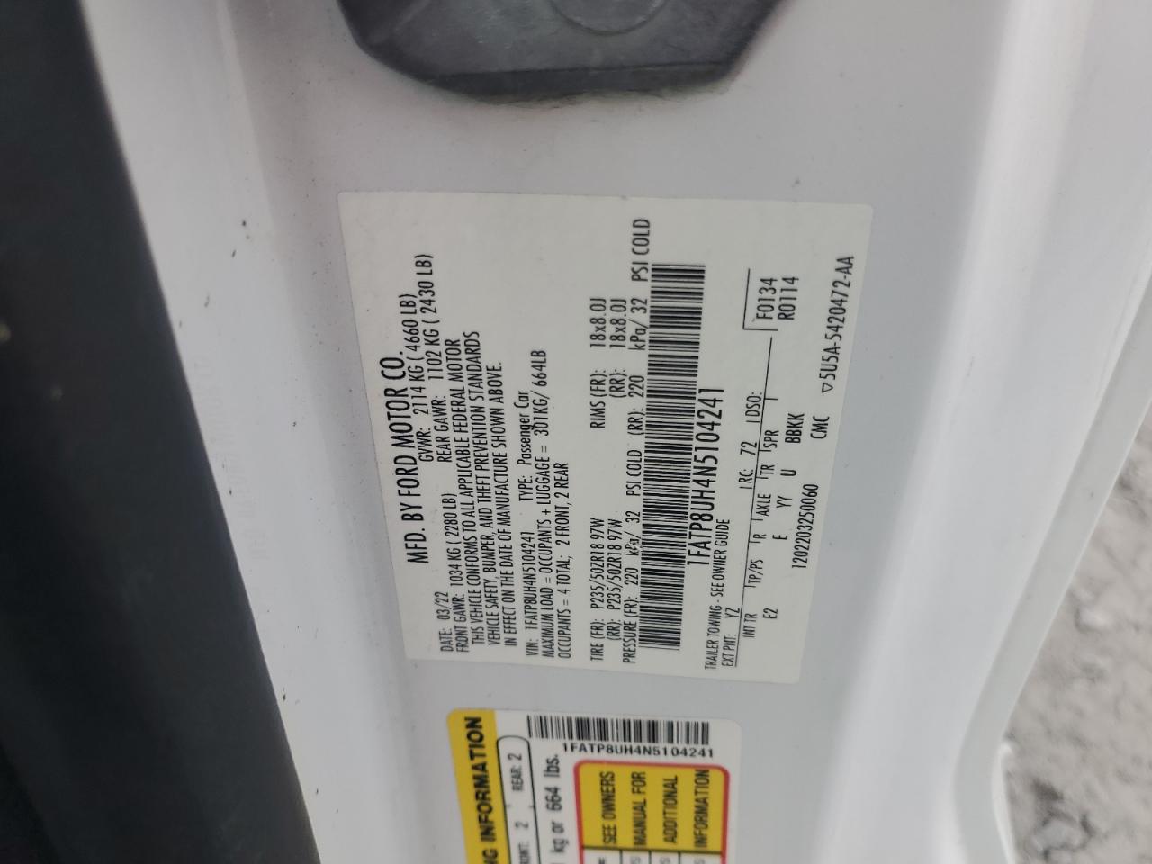 2022 Ford Mustang VIN: 1FATP8UH4N5104241 Lot: 69236085