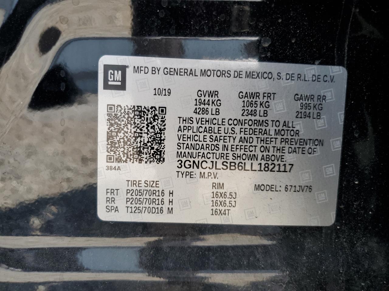 2020 Chevrolet Trax 1Lt VIN: 3GNCJLSB6LL182117 Lot: 68557185