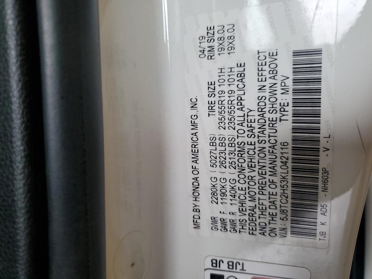 2019 Acura Rdx Technology VIN: 5J8TC2H53KL042116 Lot: 68275895