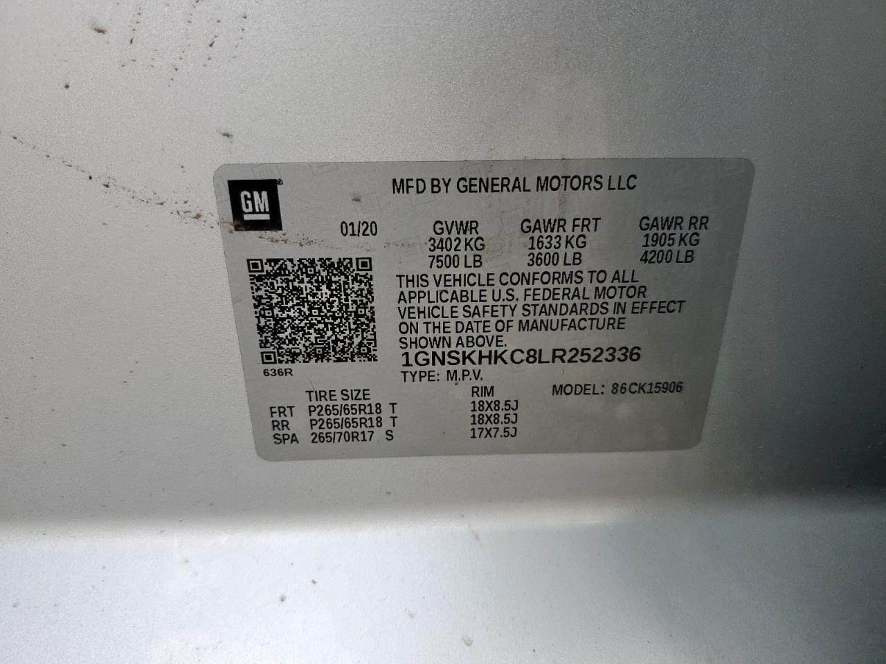 2020 Chevrolet Suburban K1500 Lt VIN: 1GNSKHKC8LR252336 Lot: 70716055