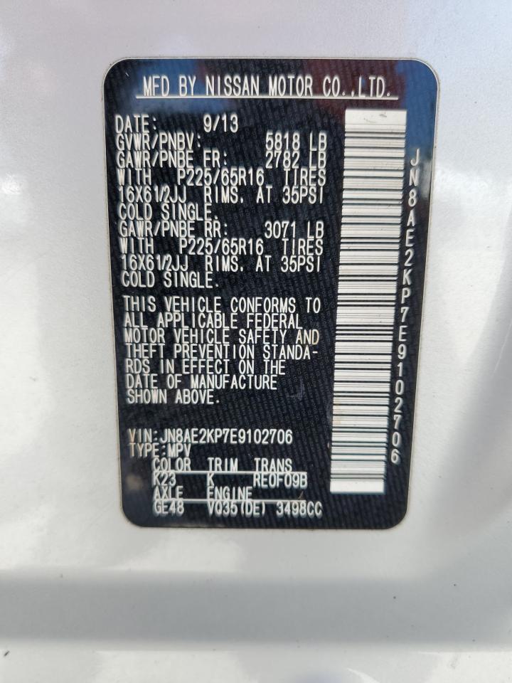 2014 Nissan Quest S VIN: JN8AE2KP7E9102706 Lot: 67444435