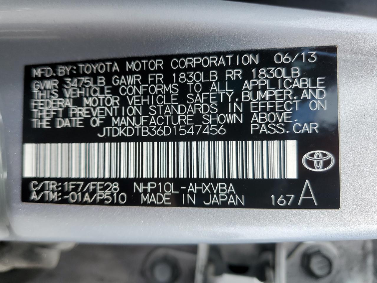 2013 Toyota Prius C VIN: JTDKDTB36D1547456 Lot: 70226015