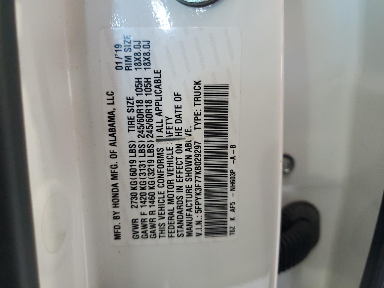 2019 Honda Ridgeline Rtl VIN: 5FPYK3F77KB029297 Lot: 69144545