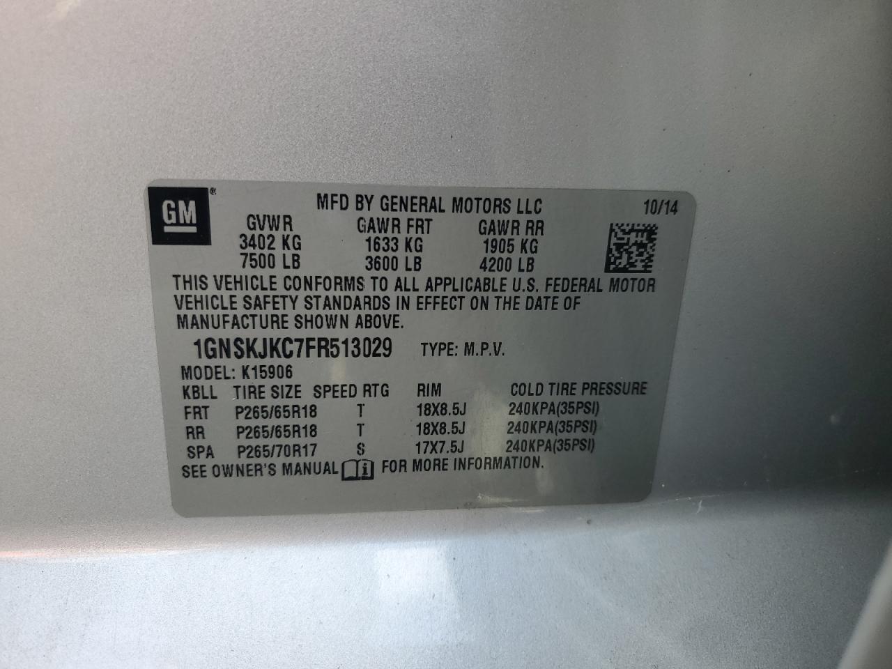 2015 Chevrolet Suburban K1500 Lt VIN: 1GNSKJKC7FR513029 Lot: 68255915