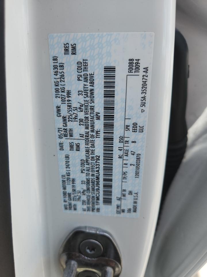 2021 Ford Escape Titanium VIN: 1FMCU9J96MUA33792 Lot: 69869145