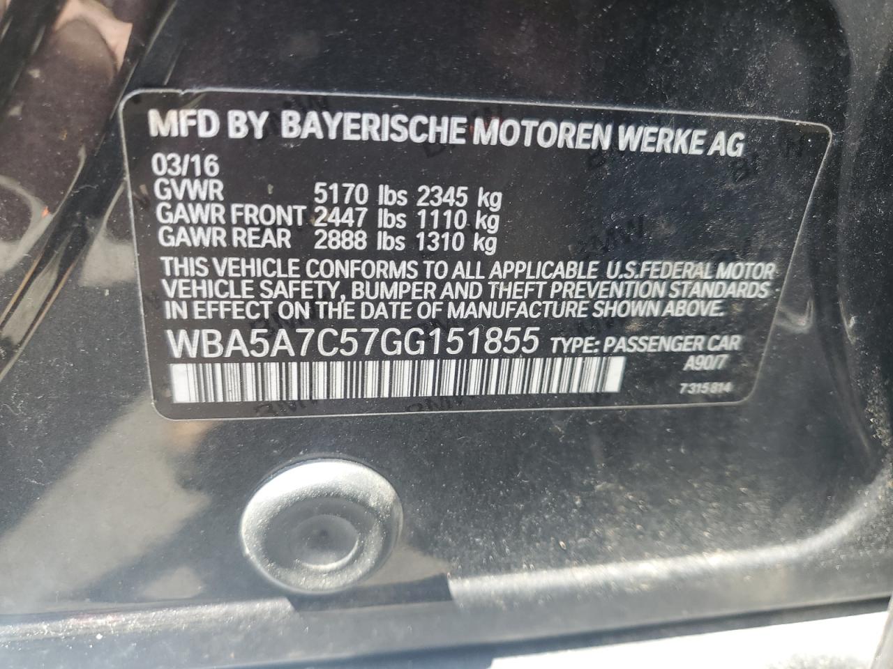 2016 BMW 528 Xi VIN: WBA5A7C57GG151855 Lot: 67819865